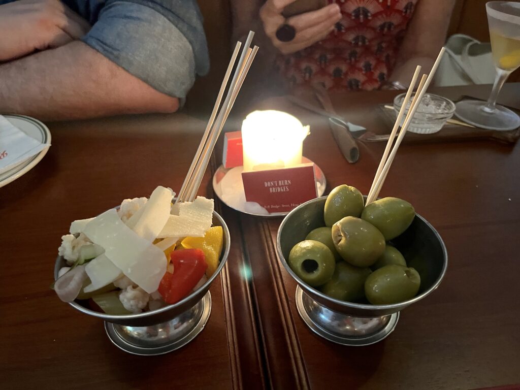 Olives and pickles at at Bar Leone