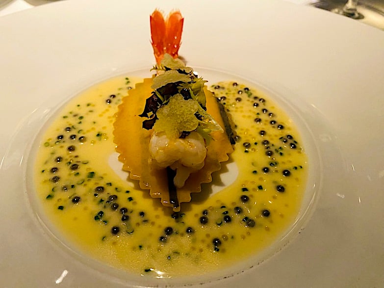 Spot prawn with ravioli and champagne sauce at BELON